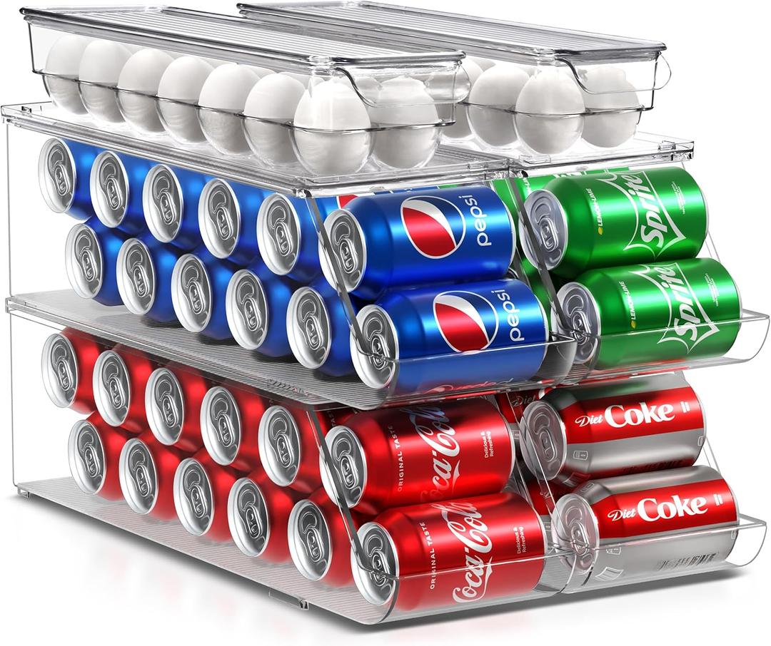 Sorbus Soda Can Organizer for Refrigerator & Egg Holder for Fridge Set, 4 Stackable Can Holder Dispenser Holds 12 Cans Each & 2 Egg Holders with Lid holds 14 eggs for Fridge, Pantry, Freezer, BPA-Free (Set of 6)