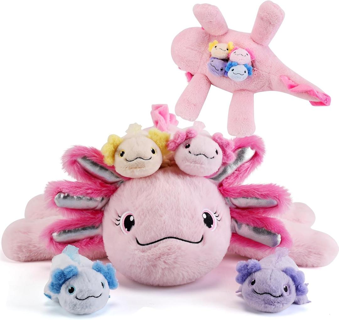 gnomantic 5 Pieces Axolotl Stuffed Animals with Babies Inside Belly - 1 Mommy Stuffed Axolotl with 4 Babies - Pink Axolotls Plush Toy for Kid Age 3-8, Gift Ideal for Christmas, Valentine's, Birthday