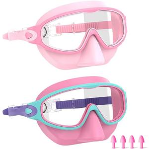 2 x Swim Goggles for Kids 3-15 with Earplugs Large Frame Anti-Fog/UV Swimming Goggles for Boys Girls Toddler 2PCS