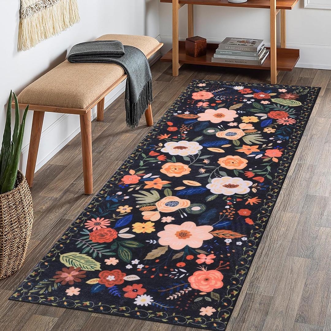BALAPET 2x6ft Runner Rug for Hallways With Rubber Backing - Ultra-Thin Distressed Faux Wool Non Slip Vintage Floral Print Kitchen Rug, Washable, Fit for Hallway, Bedroom (Black)