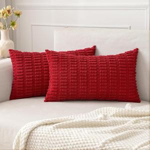 MIULEE Pack of 2 Red Corduroy Decorative Lumbar Pillow Covers 20x12 Inch Soft Boho Striped Throw Pillow Covers Modern Farmhouse Home Decor for Sofa Living Room Couch Bed