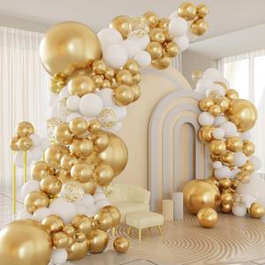 White and Gold Balloons Arch Kit, 124pcs White Gold Confetti Metallic Latex Balloons Arch for Baptism, Baby Shower, Birthday Party Decorations