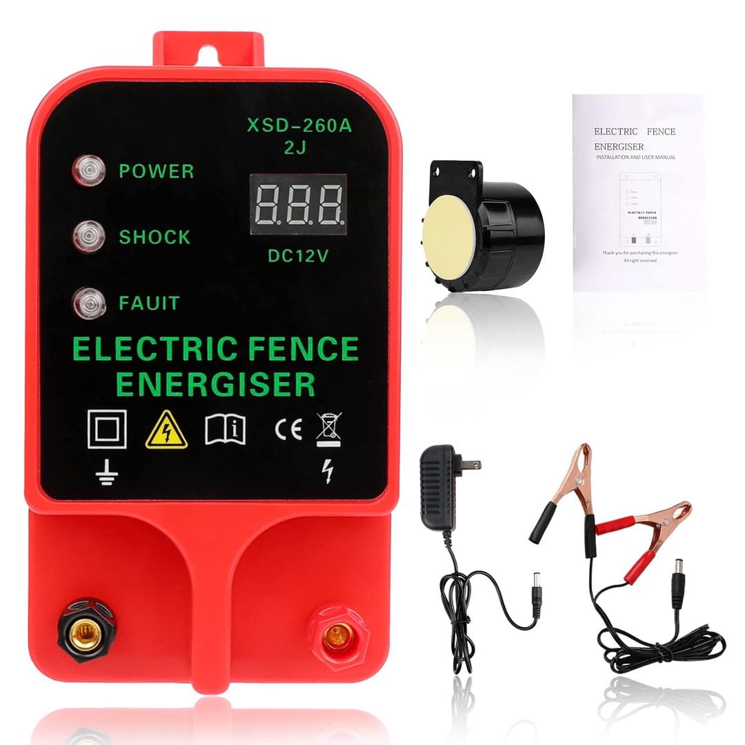 Electric Fence Energizer 2J Output Powerful for Large Animal Cattle Horses, 6 Miles to Contain Livestock & Prevent Predators, Electric Fence Charger Controller Powered by Battery or AC, Alarm Fitting
