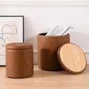 Round Ottoman with Storage Set of 2, 12.6"W x 14.17"H & 14.76"W x 17.32"H Faux Leather Button Tufted Storage Ottoman, Boucle Vanity Stool Footrest Coffee Table for Living Room, Bedroom, Brown