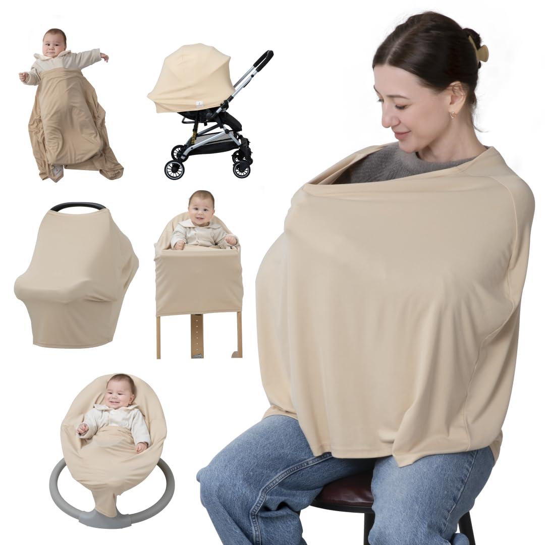 BabbleRoo Nursing Cover for Breastfeeding 95% Viscose Muslin, 5% Spandex, Soft & Breathable Baby Essentials | Newborn Essentials Breastfeeding Covers for Nursing, Multi-Use for Car Seat & High Chair (Buttercream)