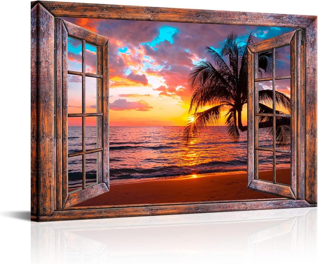 LyerArtork Window View of Hawaii Seascape Canvas Wall Art Tropical Palm Tree Picture Prints Sunset at Ocean Landscape Painting Nature Scenery Artwork for Bathroom Office Bedroom Decoration 24x36inch