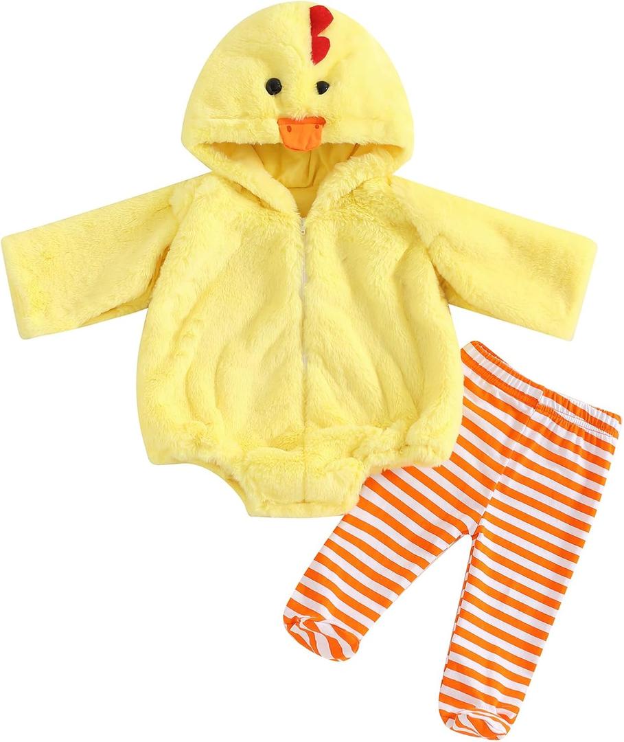 Twopumpkin Baby Chick Halloween Costumes Cute Infant Toddler Girl Boy Duck Costume Cape Sleeve Fuzzy Romper+Striped Leggings (Hooded Chicken 2pcs Yellow, 6-12 Months)