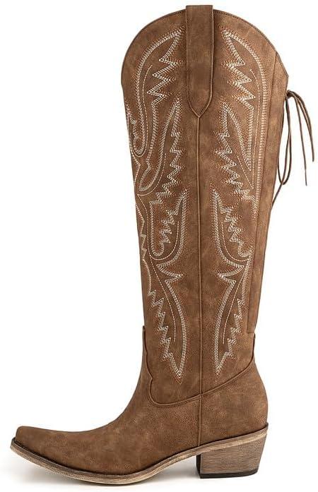 Atuelang Cowgirl Boots Wide Calf Western Cowboy Boots for Women Embroidered Pointed Toe Block Heel Pull-On Back Lace Up Adjustable Fancy Tall Knee High Boots Brown Size 9
