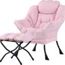 Welnow Lazy Chair with Ottoman, Modern Reading Lounge Accent Chair with Armrests and a Side Pocket, Leisure Upholstered Lazy Sofa Set with Footrest for Small Space (Pink)