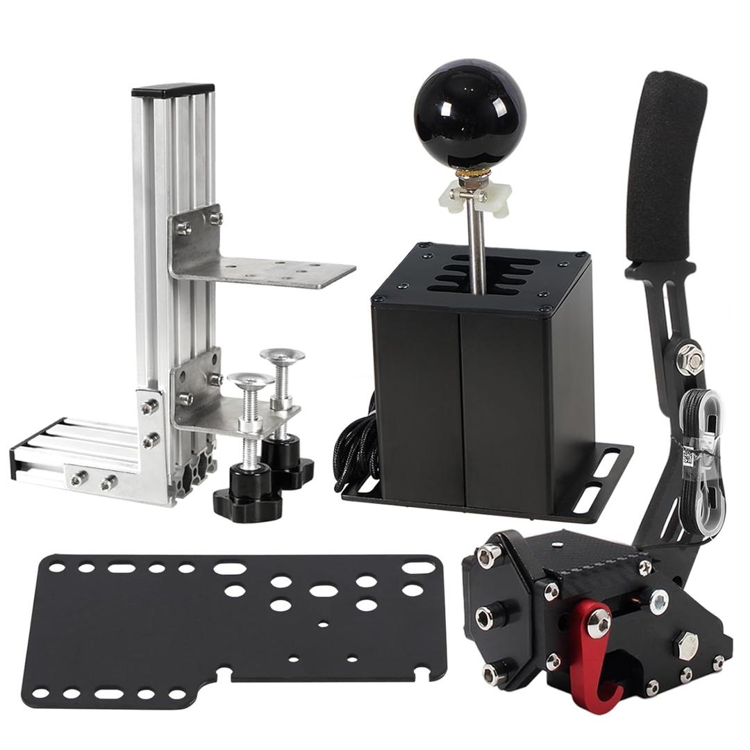 Dexepe PC USB Simulator Shifter 64 Bit Handbrake with Clamp L Shape Lever Kit Compatible with ATS ETS Dust WRC Sim Racing Games Compatible with G29 G27 G25 G920 T300RS/GT Steering Wheel Sequential H Gear Shifter 7+R Black PC System only