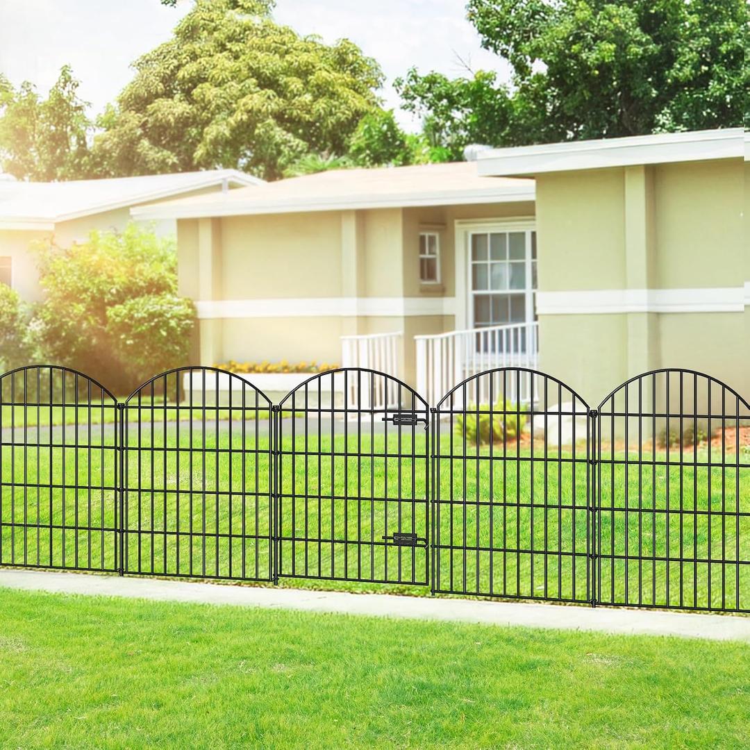 FOREHOGAR Metal Garden Fence with Gate 36in (H) x 23.3ft (L), 1 Gate+ 9 Panels Dog Fence Border Fence Animal Barrier, No Dig Garden Fencing for Yard Flower Bed Lawn Patio Outdoor, ECG3610, Black