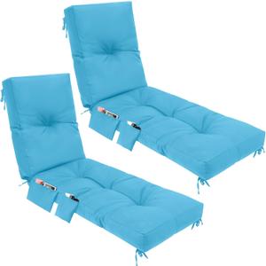 2 Pcs Outdoor Chaise Lounge Cushions with 3 Side Pocket 76x22x6 Inch Waterproof Long Deck Reclining Chair Cushions Fade Resistant Replacement Cushion for Furniture Lawn Pool (Bright Blue,Solid Color)
