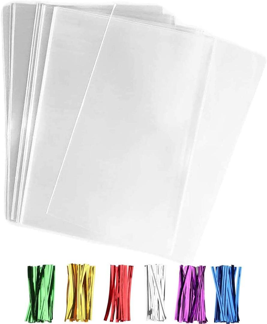 50 pcs Clear 7" x 12"(W:17.8*H30.4 cm) Flat Cello Cellophane Bags Poly Treat Bags 2.8 mils for Gift Wrapping, Bakery, Cookie, Candies, Toast, Dessert, Party Favors Packaging with Color Twist Ties