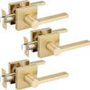 EHOMEWARE 3 Pack Passage Door Handles, Satin Brass Door Knobs Interior, Hallway Closet Door Levers Keyless Gold Door Handle, Heavy Duty Suqare Door Handle Set for Left or Right Handed Doors