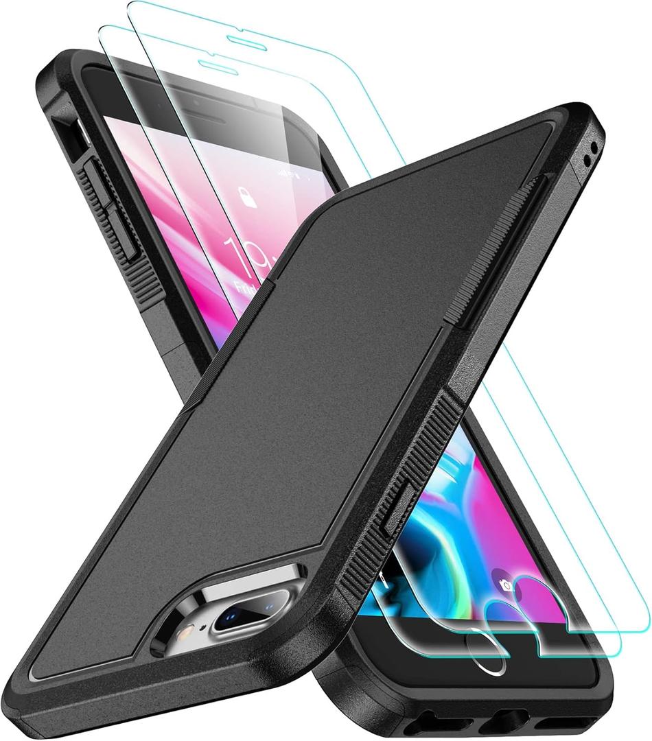 SPIDERCASE for iPhone 7/8 Plus Case, [10 FT Military Grade Drop Protection] [Non-Slip] [2 pcs Tempered Glass Screen Protector] Heavy Duty Full-Body Shockproof Case for iPhone 7/8 Plus 5.5, Black