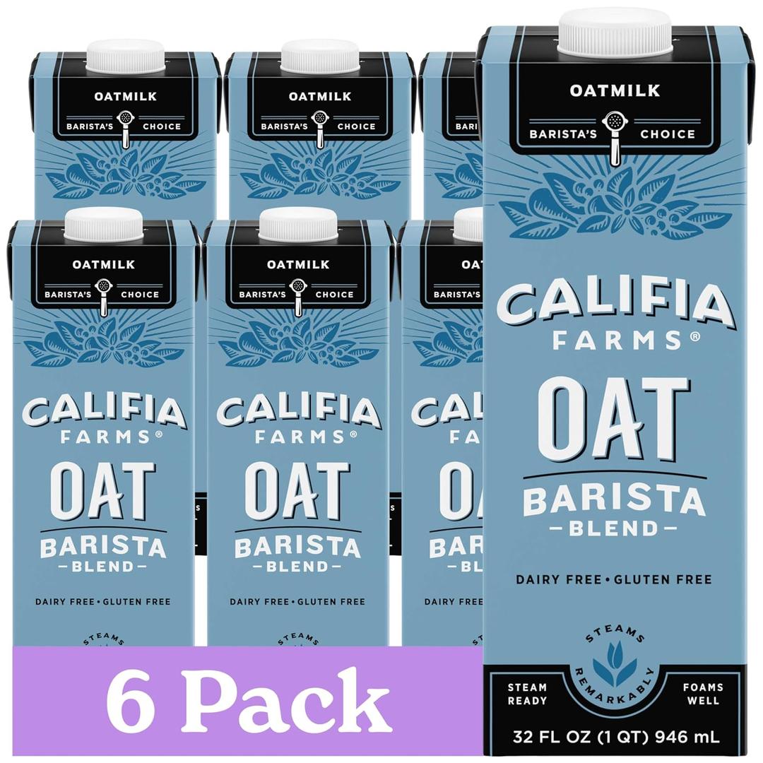 Califia Farms - Oat Barista Blend Oat Milk, 32 Oz (Pack of 6), Shelf Stable, Dairy Free, Plant Based, Vegan, Gluten Free, Non GMO, High Calcium, Milk Frother, Creamer, Oatmilk, Best By 02/13/27