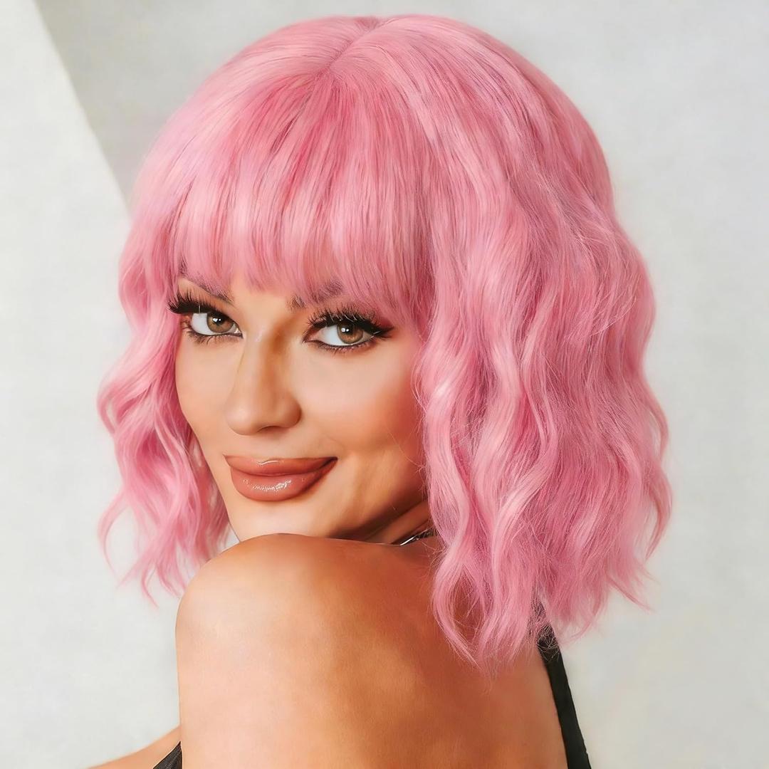 Pastel Pink Wavy Bob Wig for Women, Short Shoulder Length Synthetic Wig with Bangs, Natural Looking Lightweight Hairpiece for Gift & Cosplay Costume Party (14 Inch)