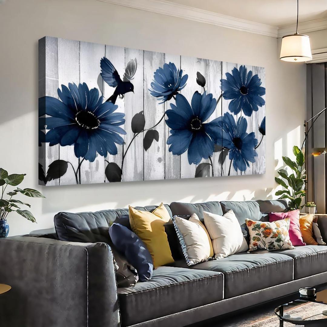 Wall Art Decor Blue Floral Canvas Wall Art Modern Daisy Print with Bird Living Room Decor Gray Wooden Board Background Framed Office Home Decor Size 20 x 40 in