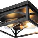 Black Square Flush Mount Ceiling Light, Farmhouse Ceiling Light Fixture for Hallway Porch Kitchen, 2-Light Outdoor Porch Ceiling Light, 1 Pack, 10 Inch, E26 Base(Bulbs Not Included)