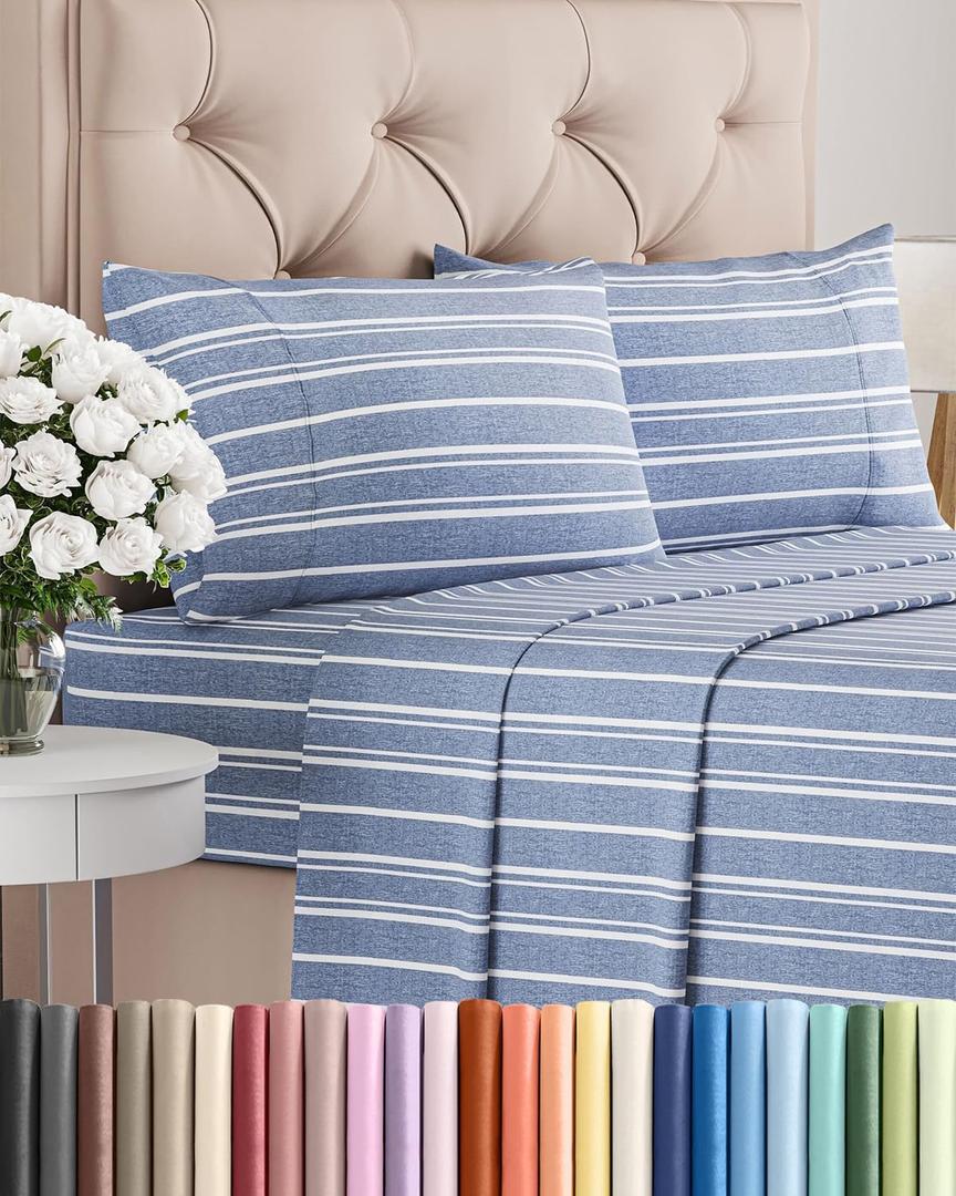 Queen Size 4 Piece Sheet Set - Comfy Breathable & Cooling Sheets - Hotel Luxury Bed Sheets for Women & Men - Deep Pockets, Easy-Fit, Soft & Wrinkle Free Sheets - Blue Stripes Oeko-Tex Bed Sheet Set