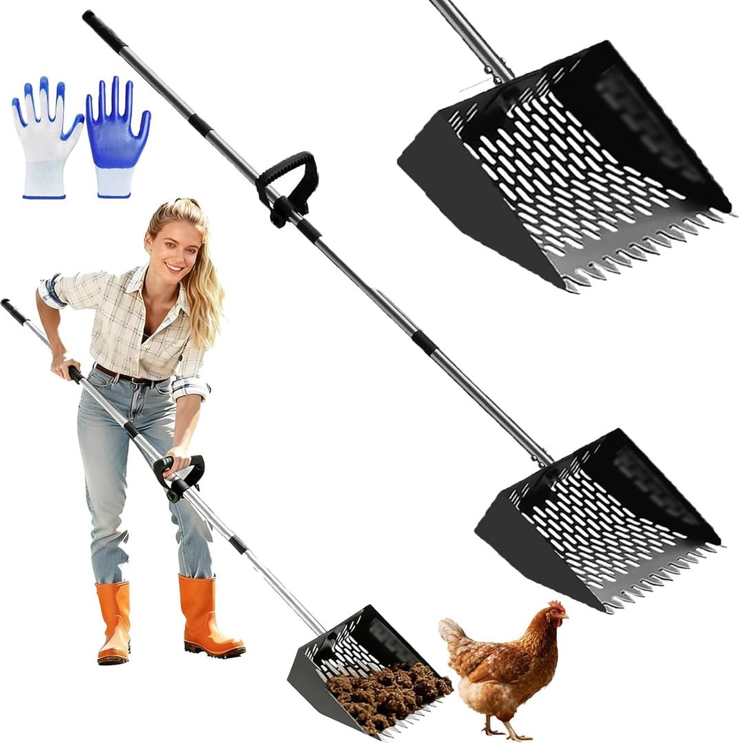 2-in-1 Chicken Poop Scooper & Rake - 10-Inch Large Stainless Steel Shovel Head, Adjustable Handle (37-65in) with Sifting, Ergonomic Grip for Chicken Coop, Animal Farm & Pet Waste Removal
