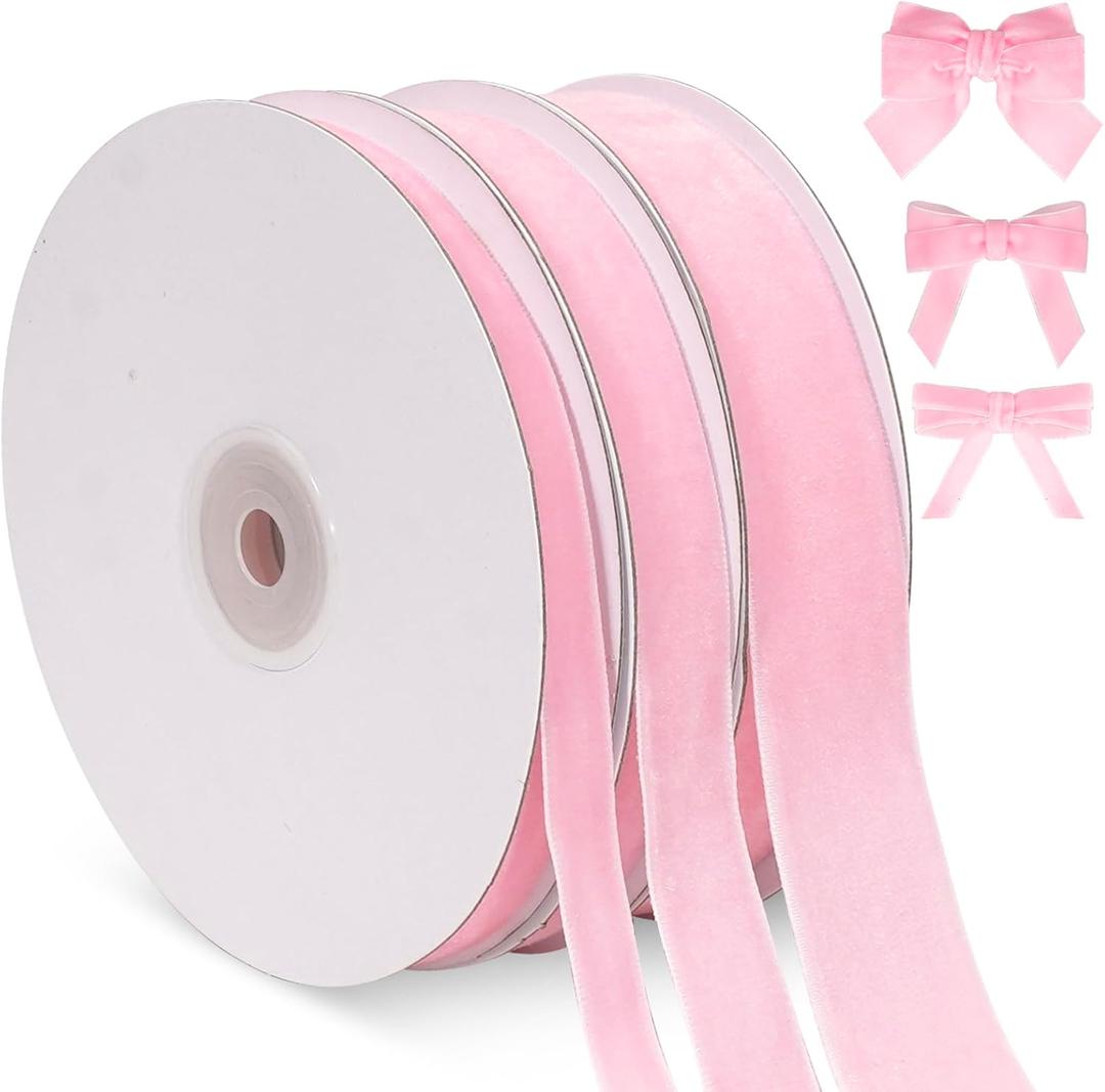 Pink Velvet Ribbon, Velvet Christmas Ribbon Set, 3 Rolls 3/8, 5/8, 1 inch Wide, 30 Yards Vintage Ribbons for Gift Wrapping Christmas Tree Ornaments, Crafts, Wedding Invitations