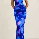 PRETTYGARDEN Women's 2026 Summer Floral One Shoulder Maxi Dress Wedding Guest Ruched Mesh Bodycon Long Cocktail Dresses (Blue, L)