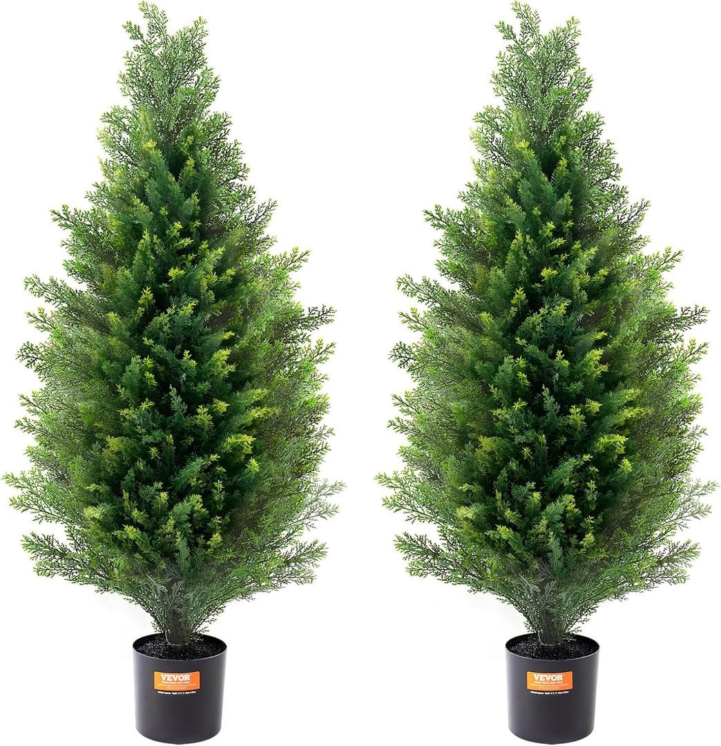 VEVOR Artificial Topiary Cedar Tree, 36 inch Tall (2 Pieces), with Extra Leaves & Pot Faux Evergreen Fake Pine Cypress Trees Plant, UV Rated Artificial Greenery Set for Home Decor Indoor/Outdoor (3ft)
