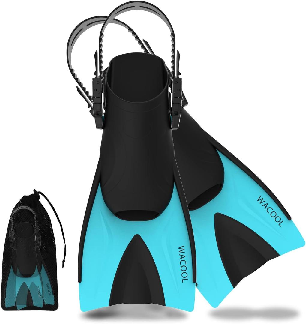 WACOOL Adult Short Light Adjustable Travel Size Fins Short Blade Fins Flippers for Snorkeling Diving Scuba Swimming Training (LakeBlue,S-M)