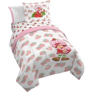 Jay Franco Strawberry Shortcake Full Comforter Set - 7 Piece Bedding Includes Sheet Set & Pillow Covers - Super Soft Pink & White Kids Bedding