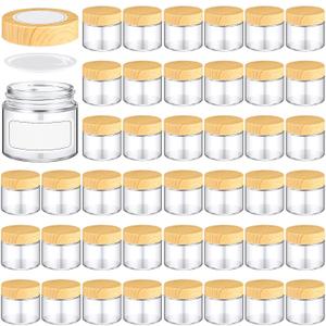 Layhit 64 Pcs Glass Jars with Lids Clear Small Jars with Plastic Woodgrain Lids, White Labels and Inner Liners Empty Round Cosmetic Containers for Creams Lotions Powder Candle Making (2oz/ 60 ml)