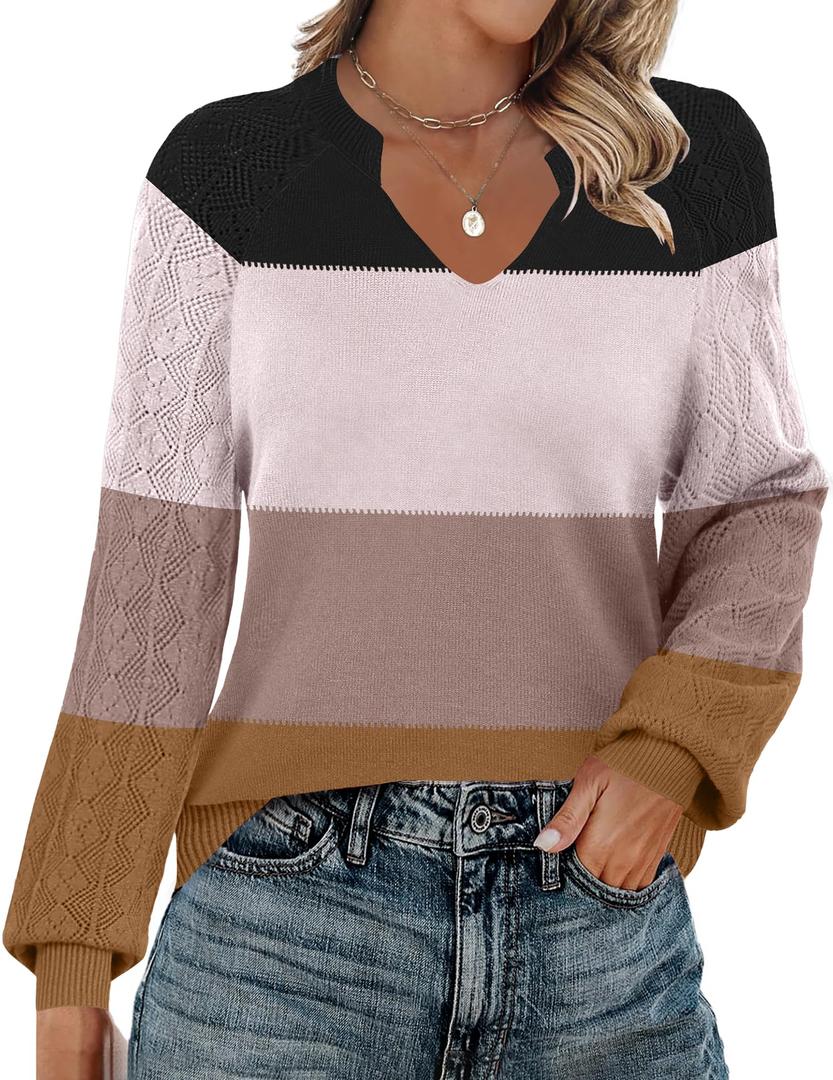 Zeagoo Womens 2026 Fall Sweaters Casual Long Sleeve V Neck Loose Lightweight Crochet Knit Pullover Sweater Tops