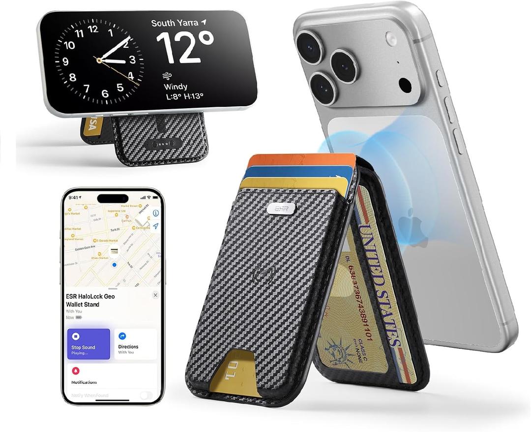 ESR Geo for MagSafe Wallet w Full Find My Functionality, 5 Card Holder, RFID Blocking, Adjustable Stand, Magnetic Wallet for iPhone 17e/17/16/15/14/13/12 Series, Not for 13/12 mini, Black Carbon Fiber