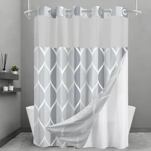 No Hook Shower Curtain and Liner Set, Grey Modern Geometric Waterdrop Shower Curtains for Bathroom, Hotel Style Waterproof Bathroom Curtain Set with See-Through Mesh Top Window, 71x84 Inches