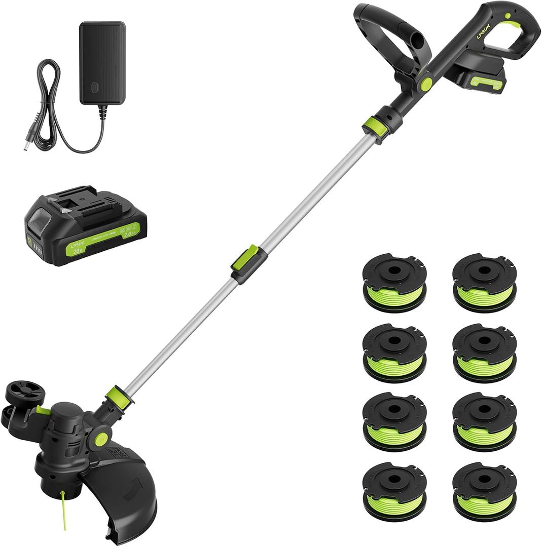 20V Cordless String Trimmer, 2.0Ah Battery Powered with Fast Charger, 12'' Grass Cutter with Auto Line Feed, 2-in-1 Electric Lawn Mower Grass Trimmer&Edger Lawn Tool with 8 Pcs Lines for Yard, Garden