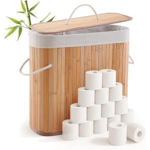 Leinuosen Bamboo Toilet Paper Storage Basket 8 Gallons/30 L Toilet Paper Organizer Holder with Lid Waterproof for Kitchen Bathroom Home(Beige,Regular)