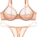 Women See Through Mesh Bra and Thong Set Transparent Sexy Underwear (Beige, S)
