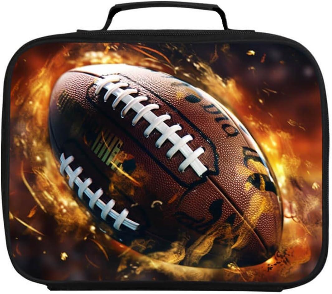 American Football Lunch Box for Boys Girls, Rugby Sports Kids School Lunch Bag, Insulated Layer, Polyester, Leak-proof Children Lunchbox for Age 6+, Fits Most Bento Boxes