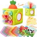 hahaland Baby Tissue Box Toy - Silicone Baby Toys 6-12 Months Montessori Toys for 6 Month Old Easter Basket Stuffers, 6-in-1 Soft Busy Activity Cube Scarves, Crinkle, Textures, Mirror, Sensory Popper