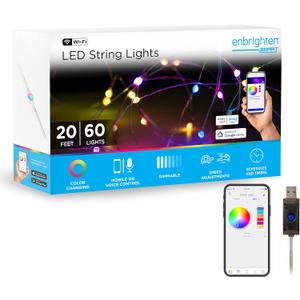 Enbrighten LED Wi-Fi Smart String Lights, Color Changing, USB Powered, Smart Control, Bluetooth, Various Color Options, Fairy Lights, Bedroom, Patio, Living Room, Play Room, and More, 69281-T2