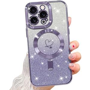 NITITOP Compatible with iPhone 12 Pro Case Cute Clear Glitter [Compatible for MagSafe] Plating Heart Sparkle Bling Magnetic Girl Women Electroplated Frame Camera Protection Back Cover - Purple