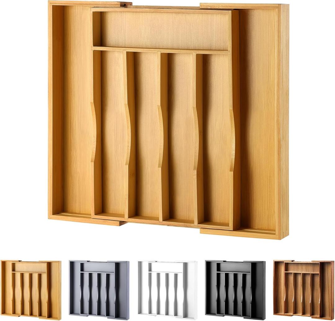 Expandable Bamboo Kitchen Drawer Organizer for Cutlery and Utensils, Adjustable Bamboo Wood Cutlery Tray in Drawer for Flatware and Silverware in Kitchen, (Natural) (7 Slots Expandable)