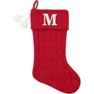 20 Inchs Red Knit Christmas Stockings, Personalized Initial Embroidered Xmas Stocking Larger Sock for Christmas Tree Fireplace Christmas Party Holiday Hanging Stocking Decorations(M)