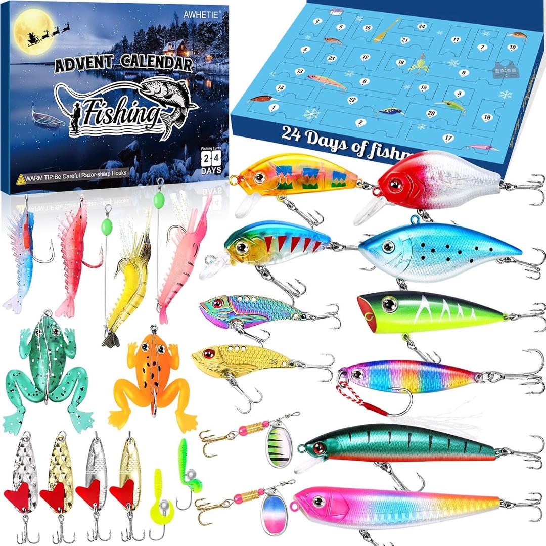Fishing Advent Calendar 2025,24 Days Christmas Countdown,Fishing Lure Advent Calendar 2025 Men,Fishing Lures Set for Fisher Men Adult Teens Surprise