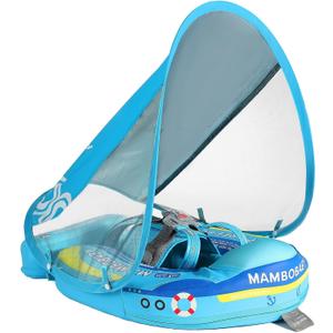 Mambobaby Float with Canopy Size Improved Non Inflatable Infant Pool Float Smart Mambo Float Swim Trainer Add Tail Baby Swim Float Mambo Baby Float Solid Air Free Water Waist Swimming Ring, Boat Blue