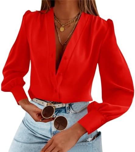 Women's Business Casual Tops Summer Long Sleeve Button Down Shirts V Neck Chiffon Blouses S