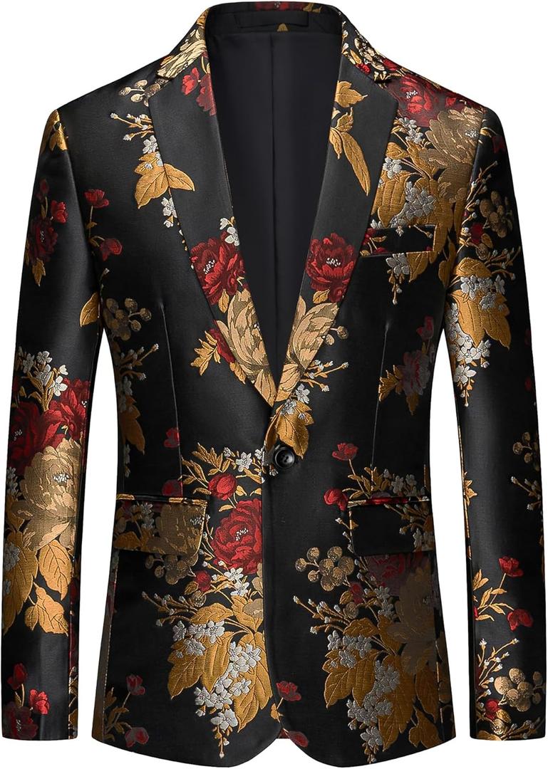 UNINUKOO Mens Floral Tuxedo Suit Jacket Casual Dress Party Flower Pattern Blazer for Men 30