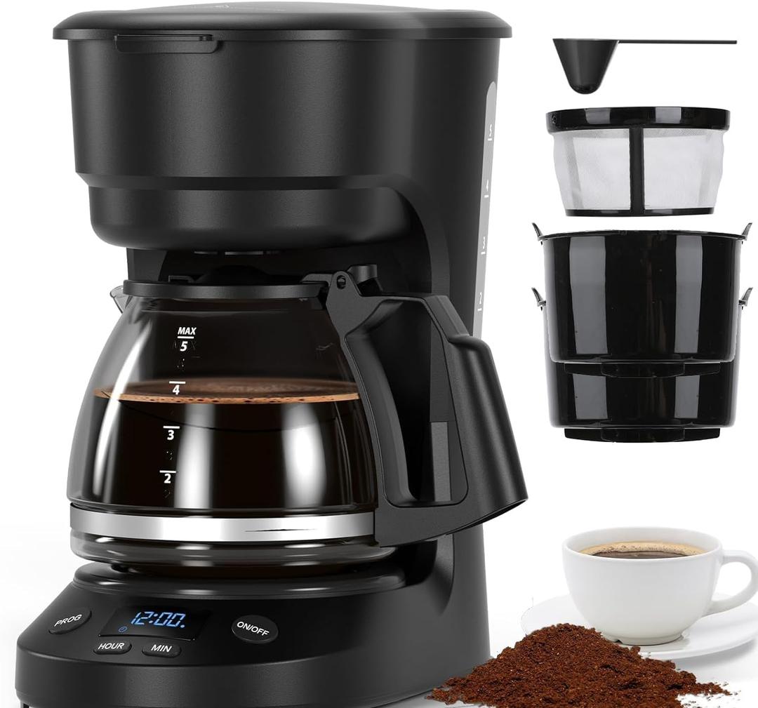 Electactic 5 Cup Programmable Drip Coffee Maker, 24H Delay Brew, 2H Keep Warm & Auto Shut Off, Pause & Serve, Reusable Filter, Glass Coffee Pot, Small Coffee Machine for Home Office