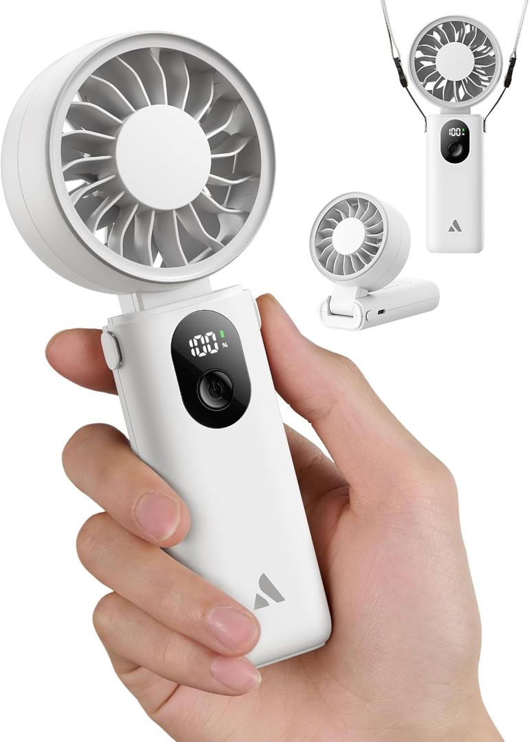 Aecooly Mighty Portable Handheld Fan | 20H Max Cooling Time | 3 Flexible Modes | 5 Speeds Wind | Battery Level Display | USB Rechargeable Mini Personal Battery Powered, Gifts for Women, Travel -White (1 Pack)