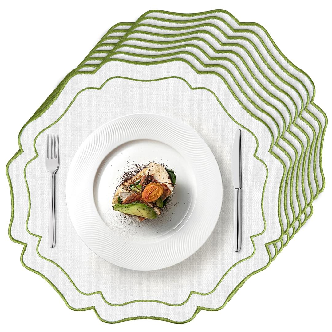 4 Sets Ribbon Twirl Cotton Linen Placemats, 15 inch Embroidery Round Cloth Table Mats with Green Scalloped Edge Washable Fabric Place Mats Flower Shape for Wedding Baby Shower Party Table Decor